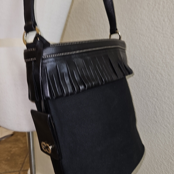 Escada Black Canvas FRINGE Leather Trim Shoulder Bag Interior Snap Closure Inter - Picture 2 of 16